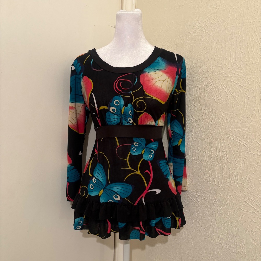 Fairycore Butterfly Print Empire Waist Ruffle Hem Top Black Y2K Whimsigoth Girly